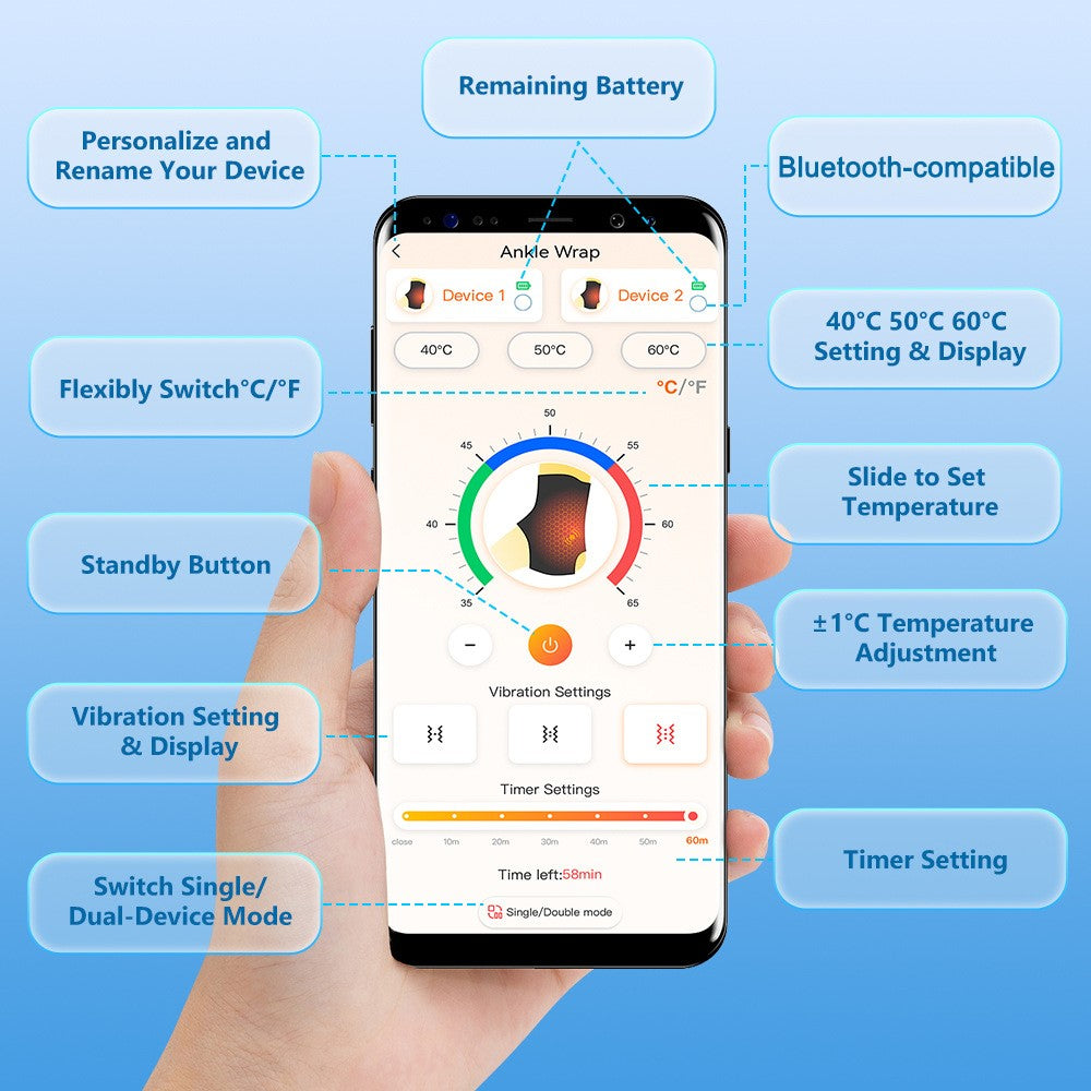 1 Pair App Control Heated Ankle Massager 3-Level Vibration Smart Timer Foot Heat Therapy Device
