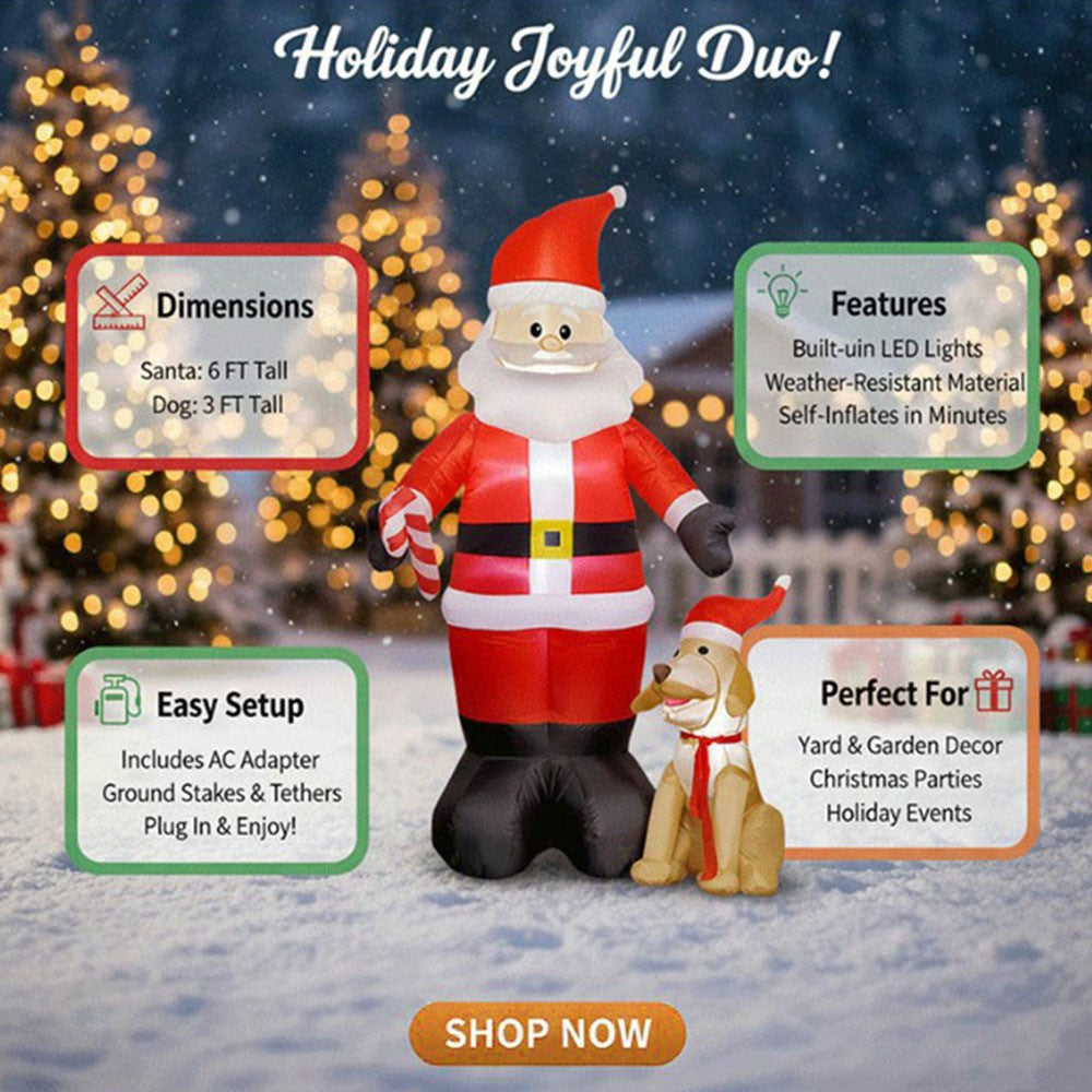 1.5m Inflatable Santa Claus and Dog LED Outdoor Christmas Yard Decoration for Garden Lawn Party, EU Plug