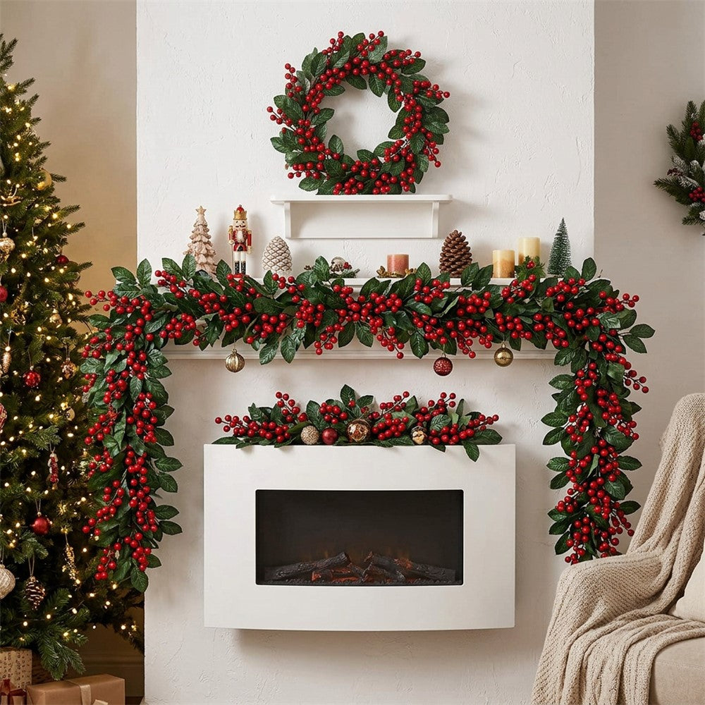 1.8m Christmas Artificial Red Berry Holly Garland Bendable Rattan Vine for Fireplace Staircase Door Frame