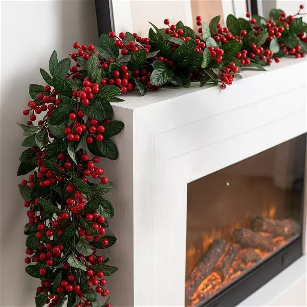 1.8m Christmas Artificial Red Berry Holly Garland Bendable Rattan Vine for Fireplace Staircase Door Frame