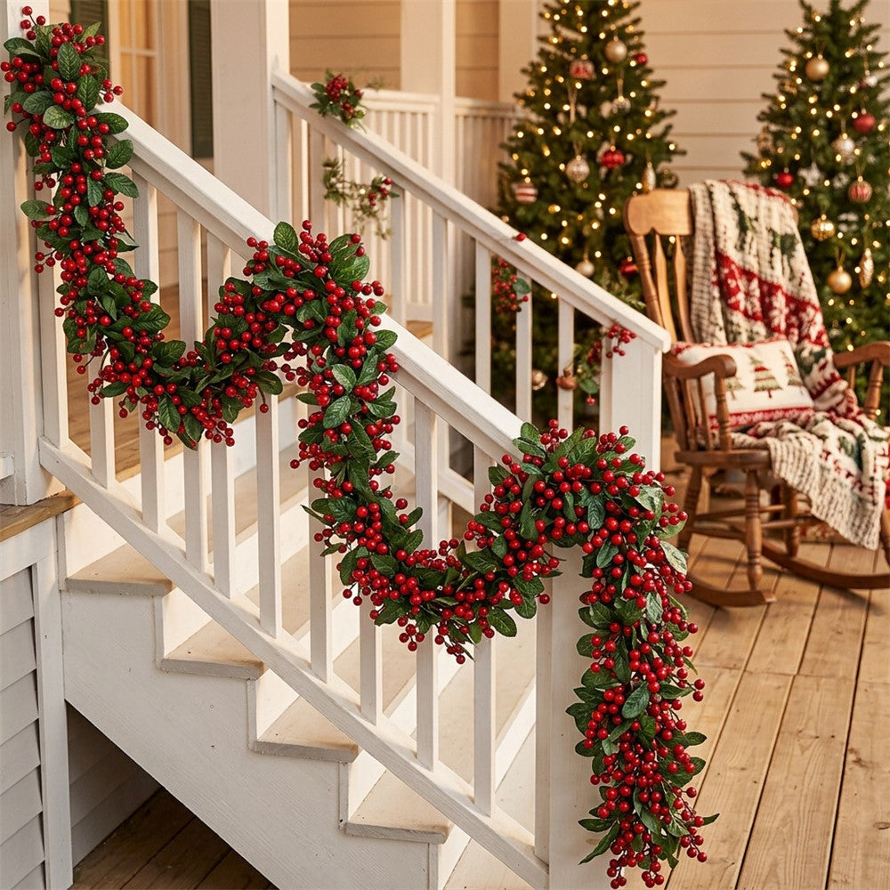 1.8m Christmas Artificial Red Berry Holly Garland Bendable Rattan Vine for Fireplace Staircase Door Frame