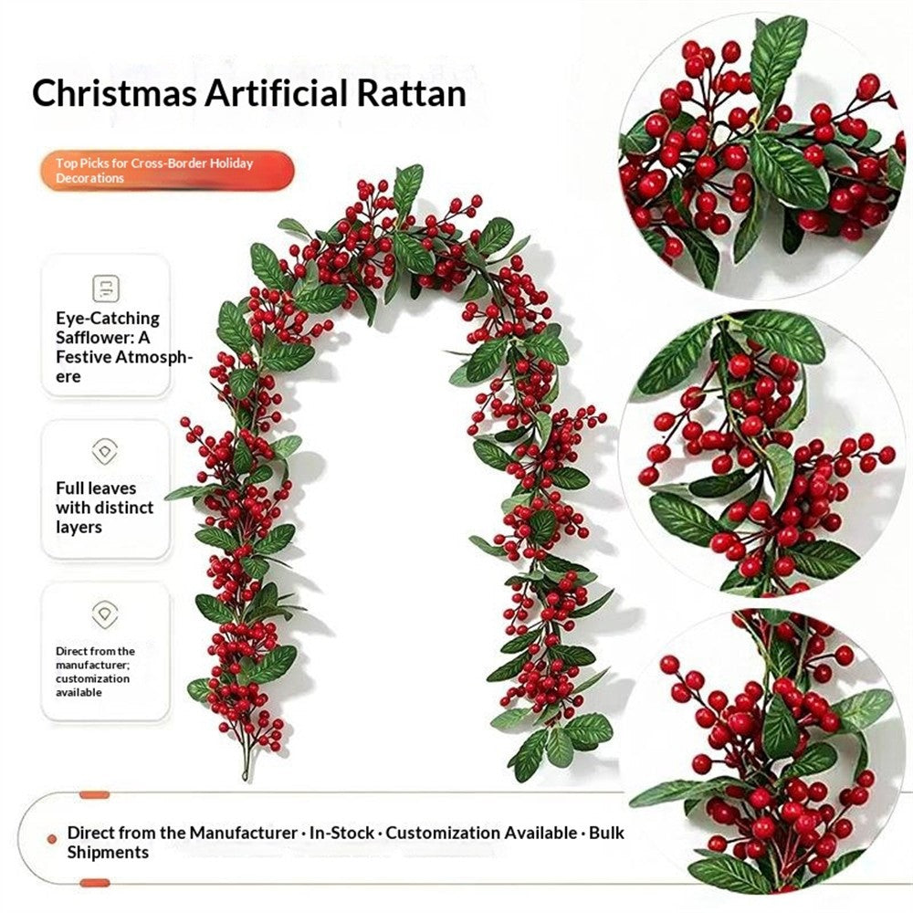 1.8m Christmas Artificial Red Berry Holly Garland Bendable Rattan Vine for Fireplace Staircase Door Frame