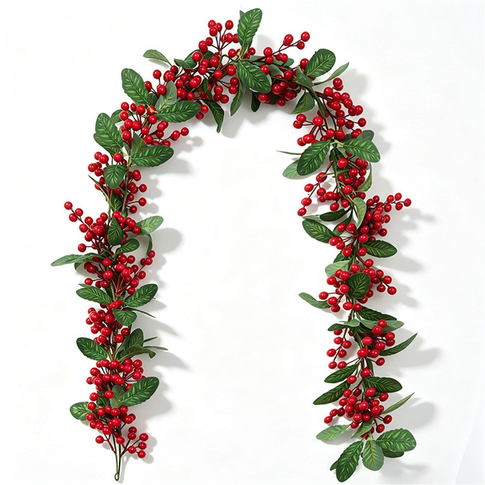 1.8m Christmas Artificial Red Berry Holly Garland Bendable Rattan Vine for Fireplace Staircase Door Frame