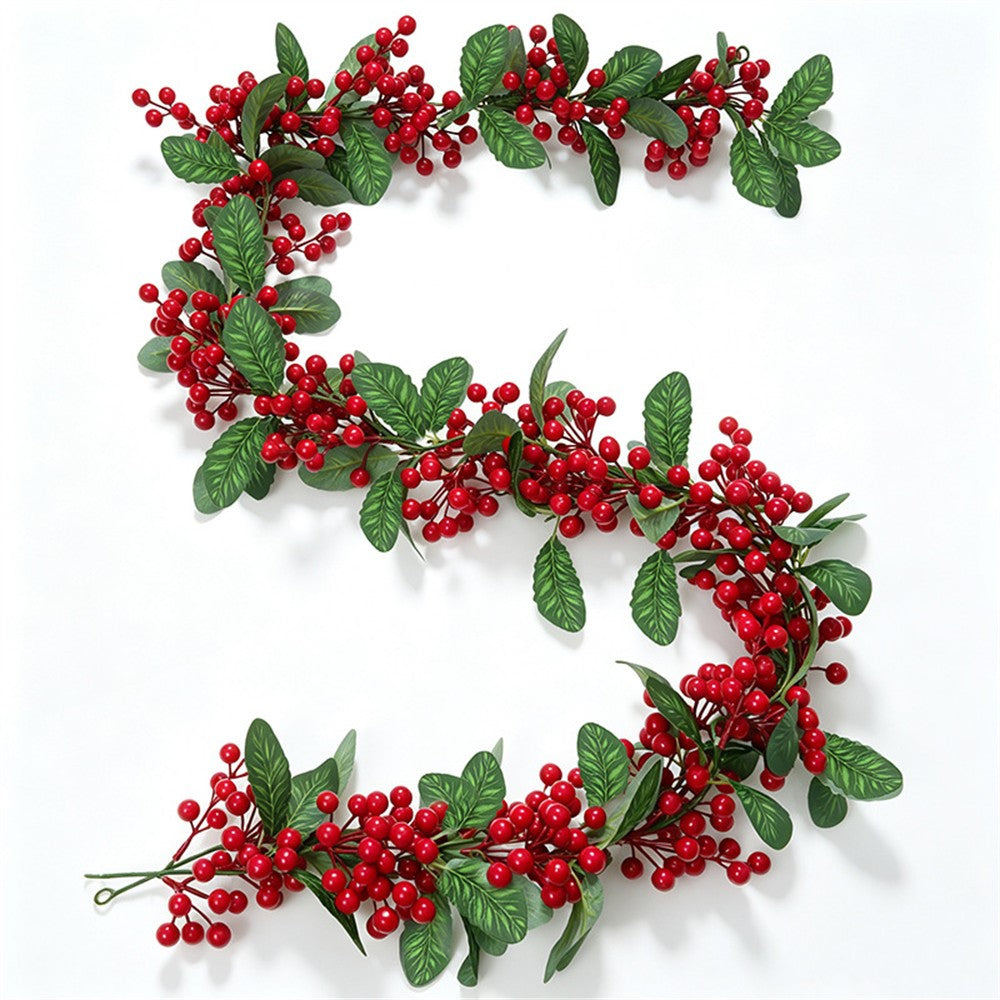 1.8m Christmas Artificial Red Berry Holly Garland Bendable Rattan Vine for Fireplace Staircase Door Frame