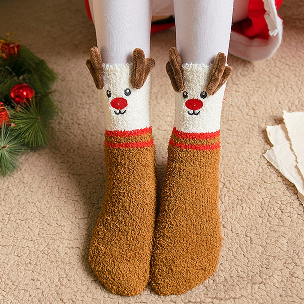 1 Pair Winter Thick Coral Fleece Christmas Socks Moisture Wicking Mid Calf Floor Socks