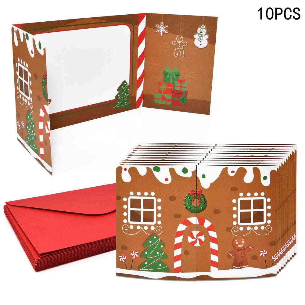 10 Pack Christmas Gingerbread House Greeting Cards Gift (10 Cards + 10 Envelopes) Tri-Fold Double-Sided Holiday Party Decoration Cards