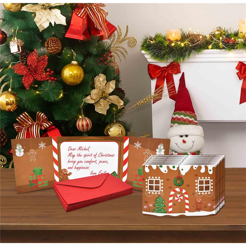 10 Pack Christmas Gingerbread House Greeting Cards Gift (10 Cards + 10 Envelopes) Tri-Fold Double-Sided Holiday Party Decoration Cards