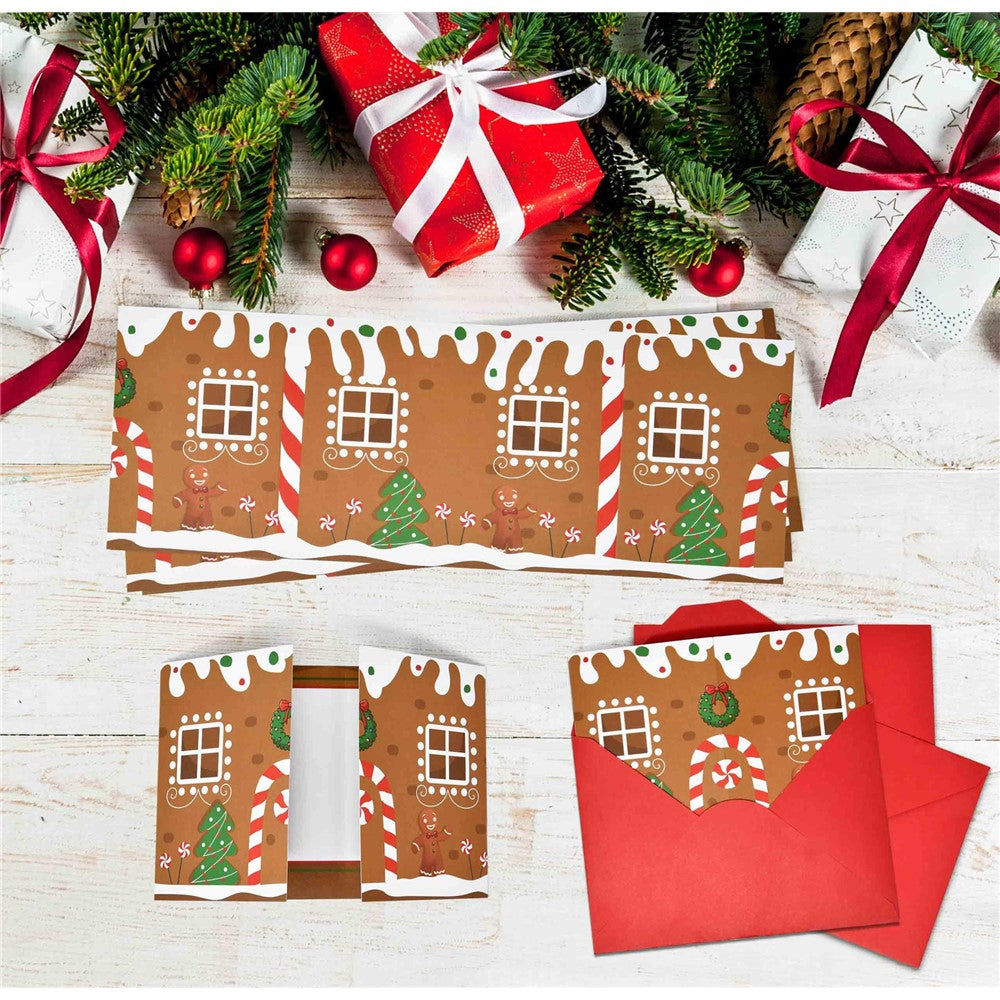 10 Pack Christmas Gingerbread House Greeting Cards Gift (10 Cards + 10 Envelopes) Tri-Fold Double-Sided Holiday Party Decoration Cards