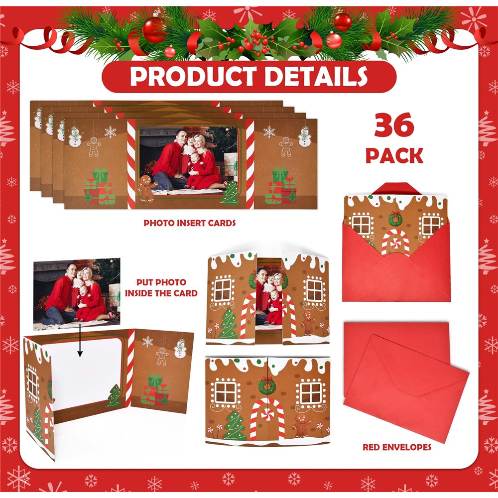10 Pack Christmas Gingerbread House Greeting Cards Gift (10 Cards + 10 Envelopes) Tri-Fold Double-Sided Holiday Party Decoration Cards