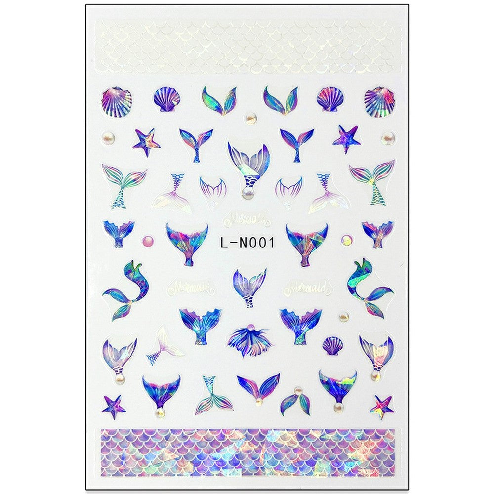 10.5x7cm Ocean Theme Nail Art Stickers Holographic Mermaid Tail Shell Starfish Waterproof Decals