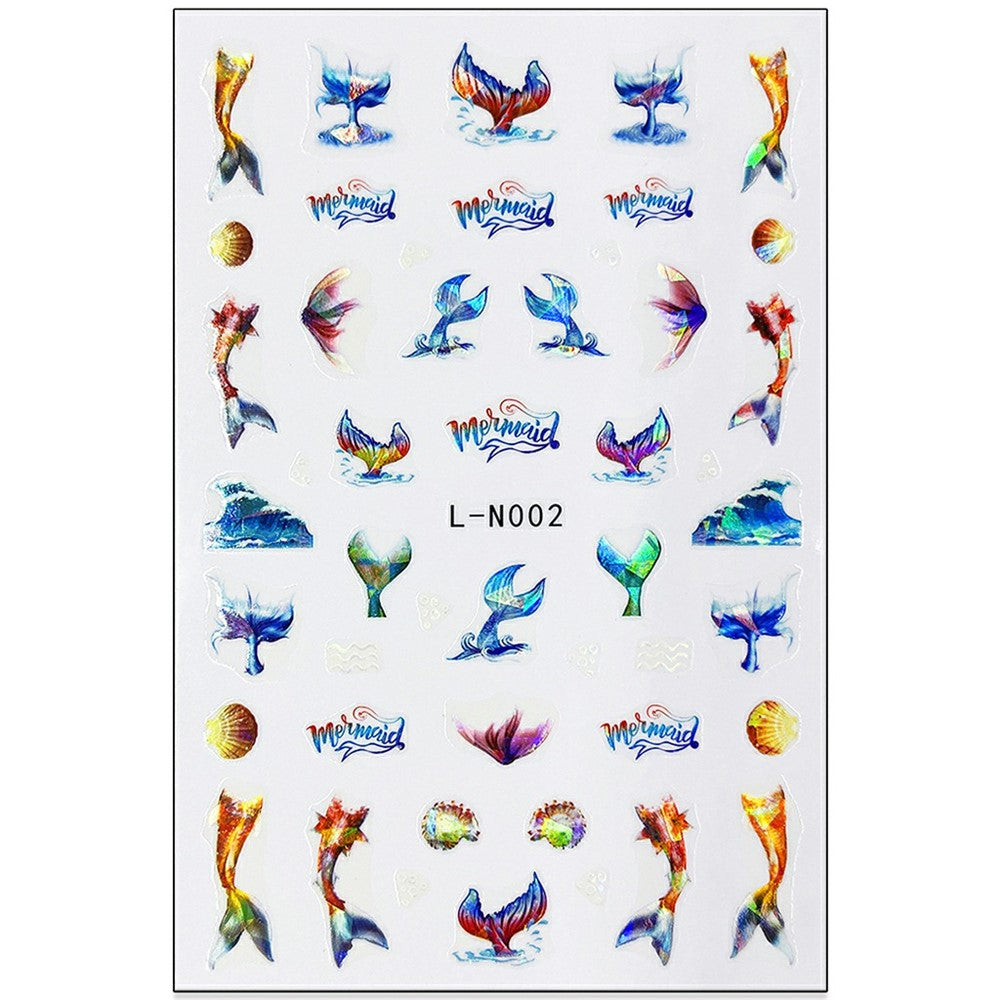 10.5x7cm Ocean Theme Nail Art Stickers Holographic Mermaid Tail Shell Starfish Waterproof Decals