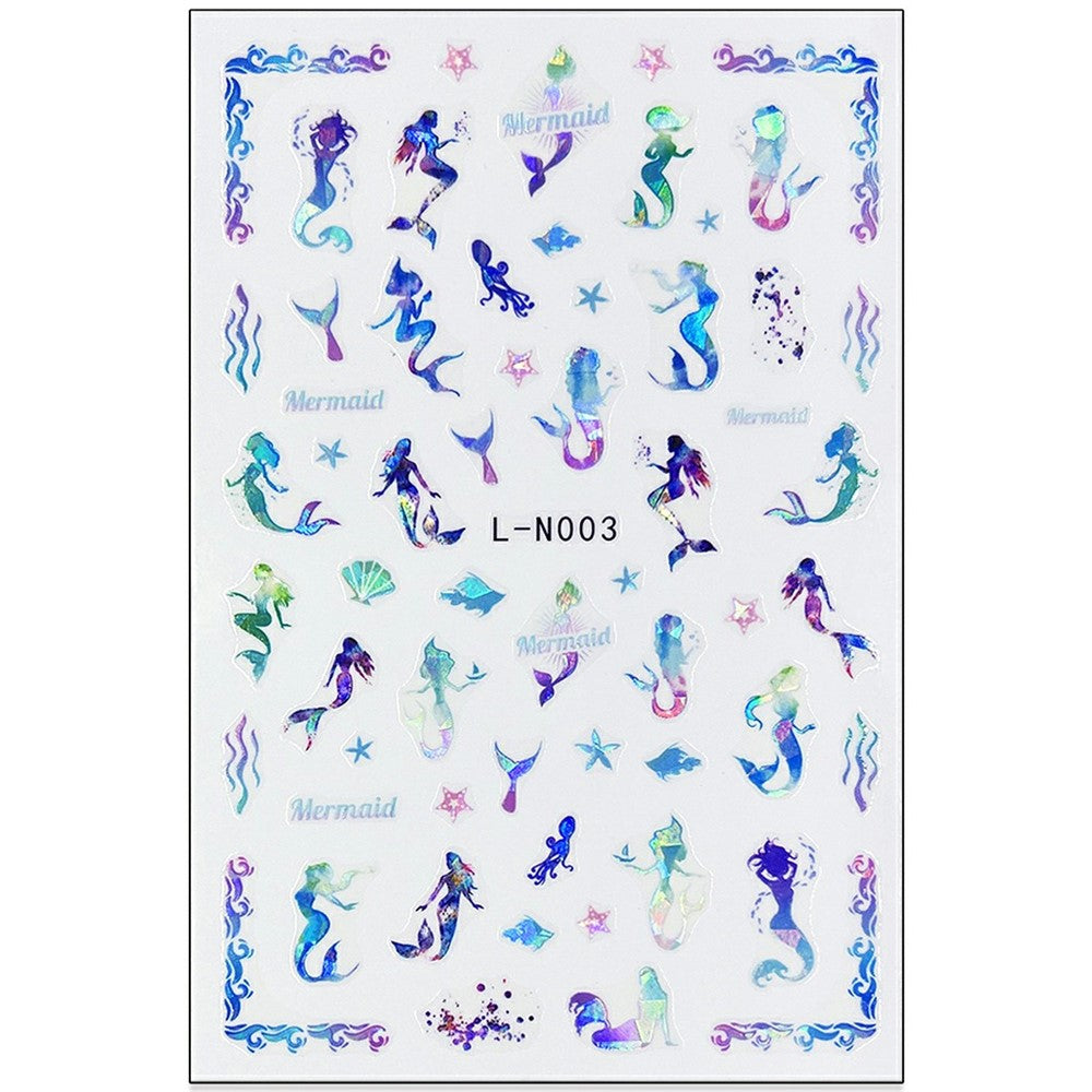 10.5x7cm Ocean Theme Nail Art Stickers Holographic Mermaid Tail Shell Starfish Waterproof Decals