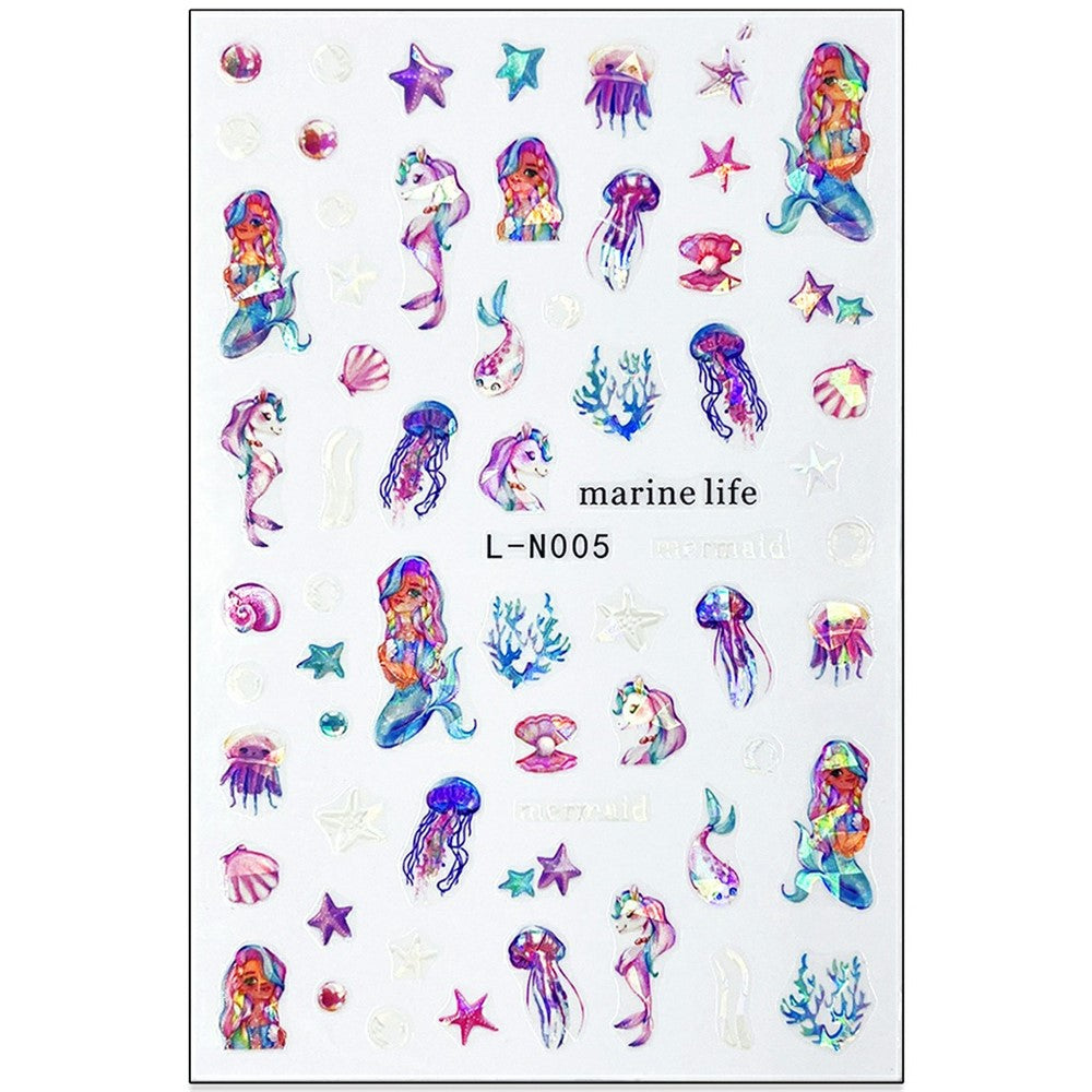 10.5x7cm Ocean Theme Nail Art Stickers Holographic Mermaid Tail Shell Starfish Waterproof Decals