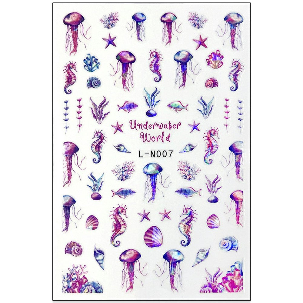 10.5x7cm Ocean Theme Nail Art Stickers Holographic Mermaid Tail Shell Starfish Waterproof Decals