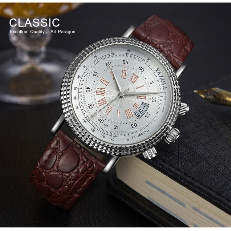 406 YAZOLE Men Fashion Business Leather Band Quartz Wrist Watch(Brown + White)