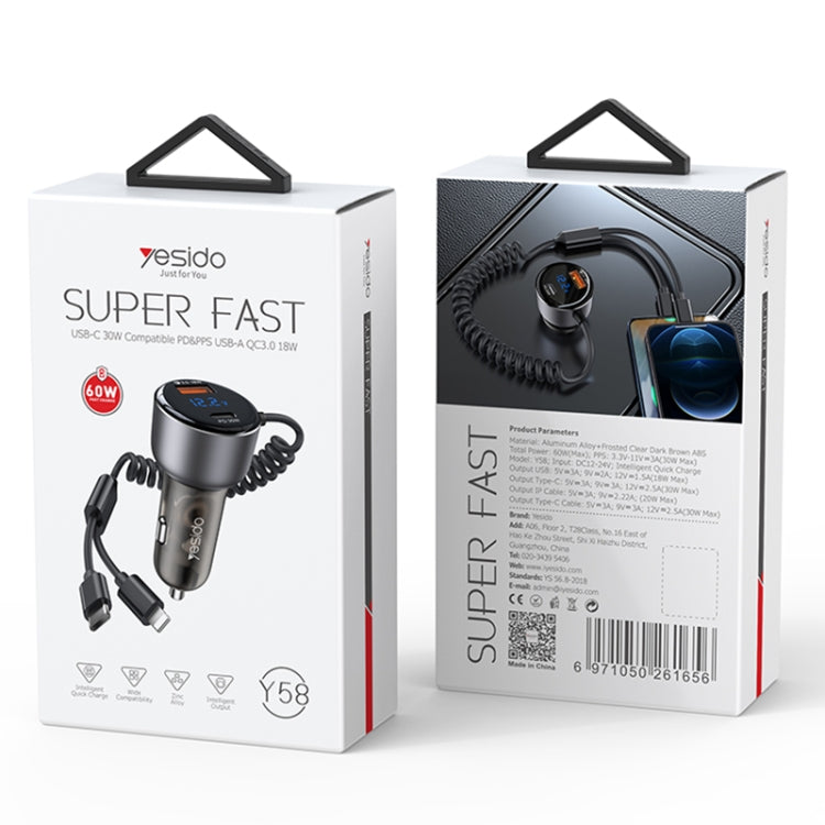 Yesido Y58 60W PD + QC3.0 Dual Port Car Fast Charger with USB-C / Type-C + 8 Pin Spring Cable, Y58