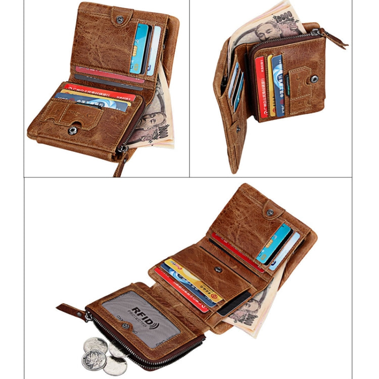 Genuine Cowhide Leather Crazy Horse Texture Zipper 3-folding Short Style Card Holder Wallet RFID Blocking Coin Purse Card Bag Protect Case for Men, Size: 12*9.5*4cm(Taupe), 3585