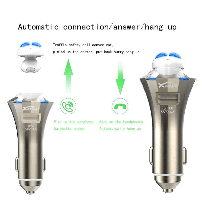 A8 3 in 1 Bluetooth Earphone & Safety Hammer & Car Charger, Support Hands-free Call & USB Quick Charger Function, A8