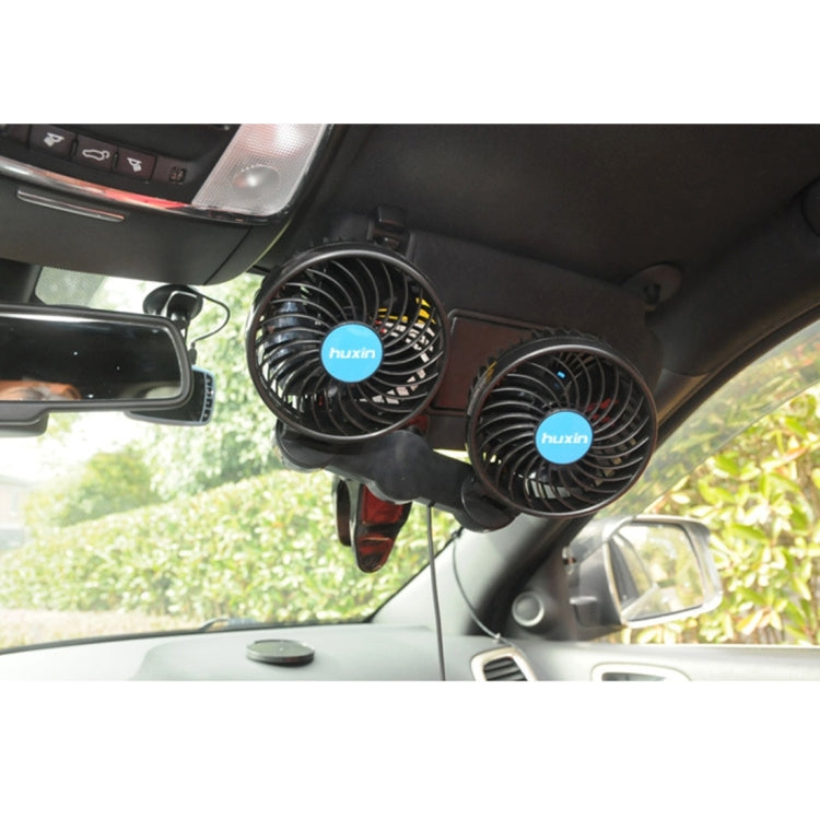 HUXIN HX-T605E 7W 360 Degree Adjustable Rotation Clip Two Head Low Noise Mini Electric Car Fan with Roller Switch, DC12V, HX-T605E