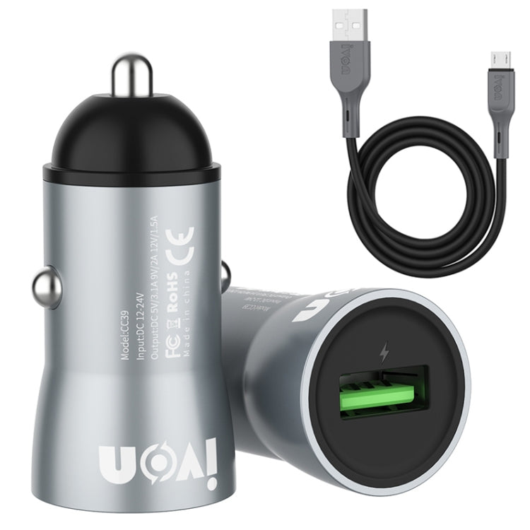 IVON CC39 18W 3.1A QC 3.0 USB Car Charger + 1m USB to Micro USB Fast Charge Data Cable Set, Micro USB