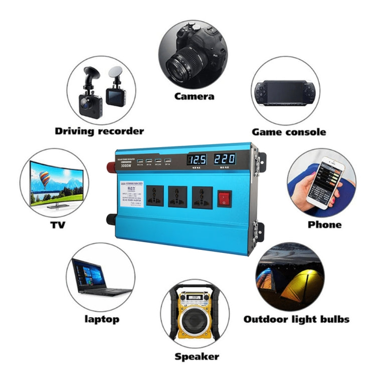 Carmaer 24V to 220V 3000W Intelligent Fan Car Double Digital Display Inverter Household Power Converter, 24V to 220V 3000W
