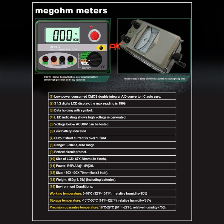 DUOYI DY30-1 Car Digital Insulation Resistance Tester Meter, DY30-1