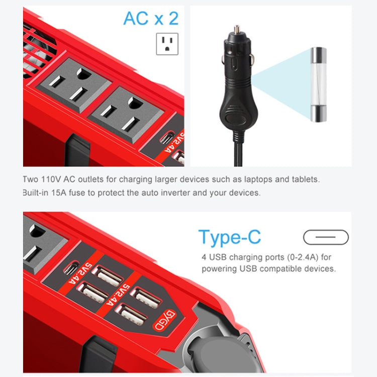 12V to 110V 200W Car Correction Sine Wave Inverter, US Plug, 200W