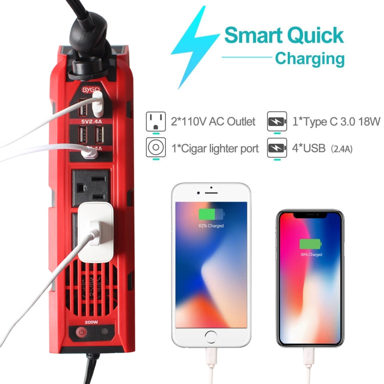 12V to 110V 200W Car Correction Sine Wave Inverter, US Plug, 200W