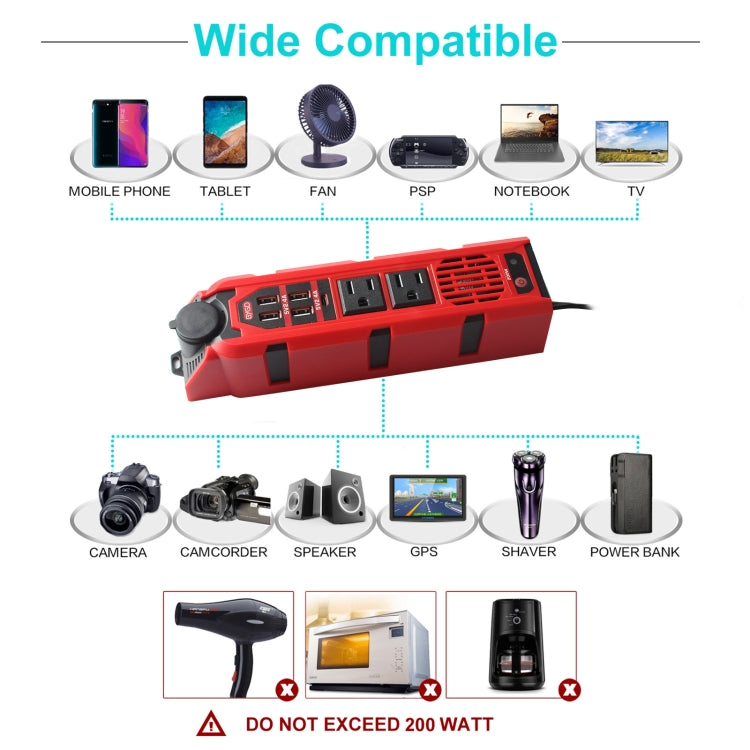 12V to 110V 200W Car Correction Sine Wave Inverter, US Plug, 200W