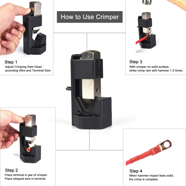 Car Battery Cable Hammer Crimper Hammer Lug Crimper Tool Pliers with T2 Copper 4 x 3/8 Heavy-duty Cold-pressed Wire Terminals, 4 x 3/8