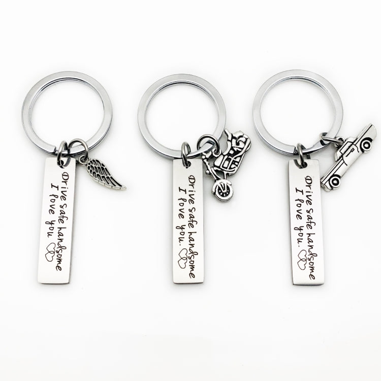 Creative Drive Safe Handsome Words Stainless Steel Keychain Key Rings, Car Shape