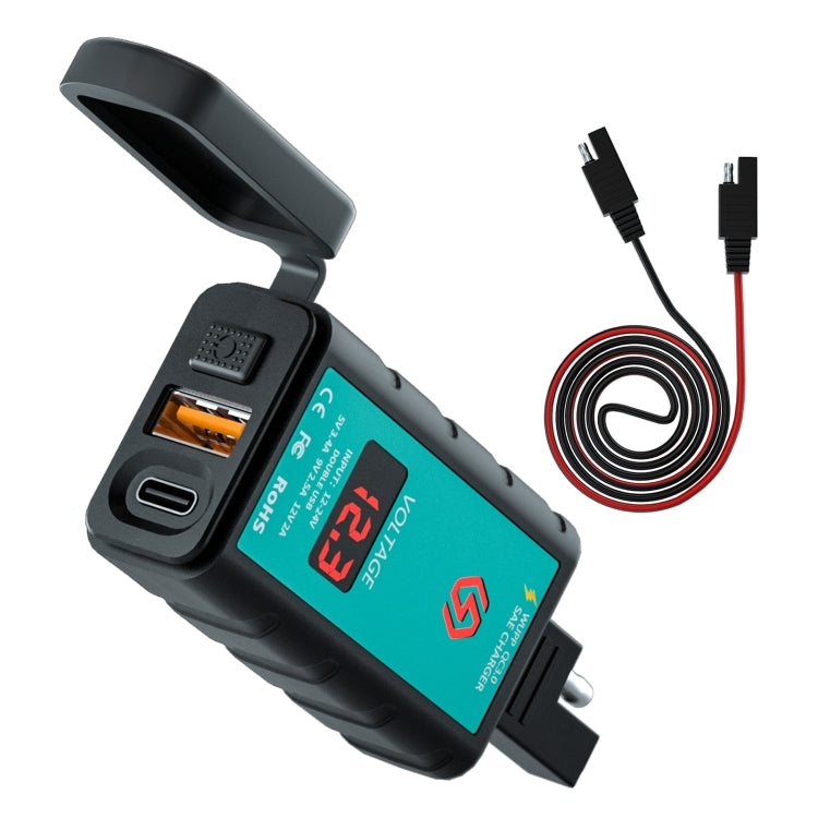 WUPP ZH-1422B2 DC12-24V Motorcycle Square Single USB + PD Fast Charging Charger with Switch + Voltmeter + Integrated SAE Socket + 1m SAE Socket Cable, ZH-1422B2