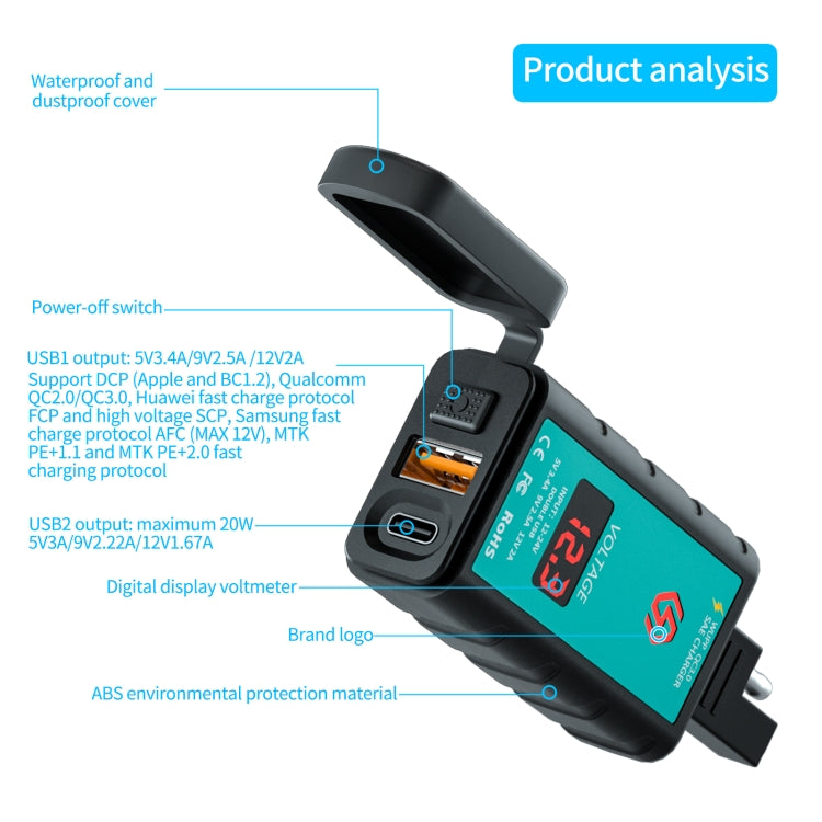 WUPP ZH-1422B2 DC12-24V Motorcycle Square Single USB + PD Fast Charging Charger with Switch + Voltmeter + Integrated SAE Socket + 1m SAE Socket Cable, ZH-1422B2