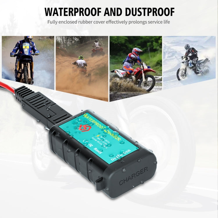 WUPP ZH-1422C1 Motorcycle Square Dual USB Fast Charging Charger with Switch + Integrated SAE Socket, ZH-1422C1