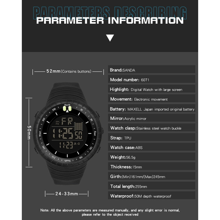 SANDA 6071 Three-split Screen LED Digital Display Luminous Stopwatch Timing Multifunctional Men Sports Electronic Watch