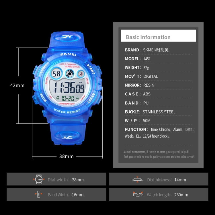 SKMEI 1451 LED Digital Stopwatch Chronograph Luminous Children Sports Electronic Watch, 1451(Yellow Shell Blue Circle), 1451(Black Shell Blue Circle), 1451(Transparent Pink Blue), 1451(Transparent Pink), 1451(Transparent Purple)                        ...