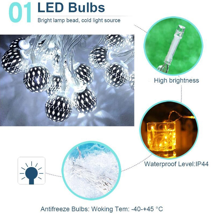 Ironwork Hollow Small Ball Outdoor LED Light String Garden Festival Decoration Light with Remote Control, Waterproof Battery Box 40 LEDs, Waterproof Battery Box 50 LEDs