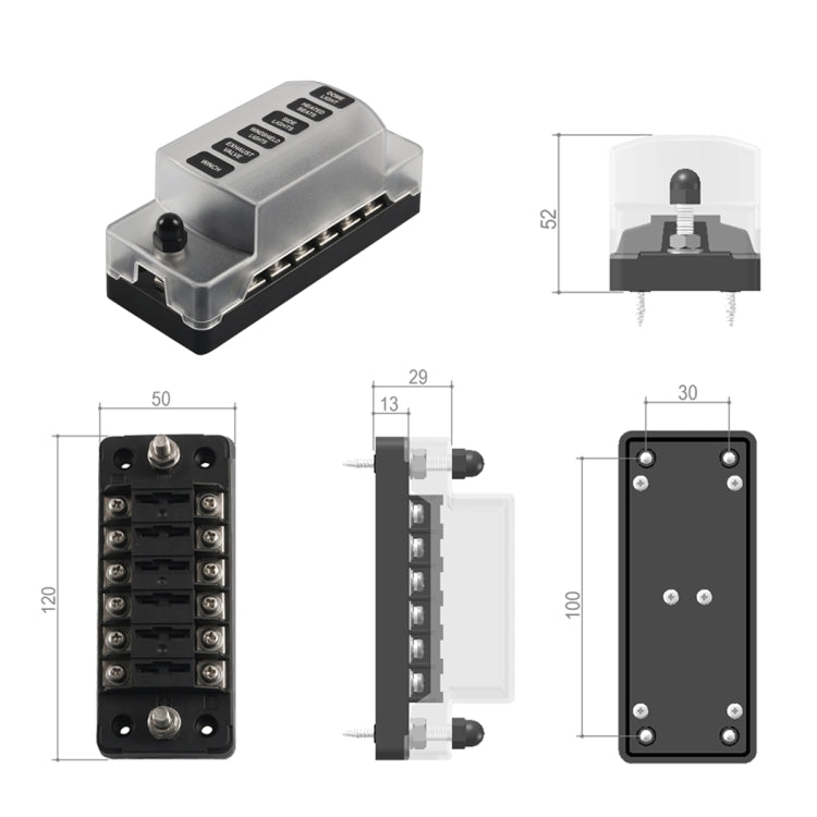 6 Way Fuse Box Blade Fuse Holder with Negative for Auto Car Truck Boat, A5602-01