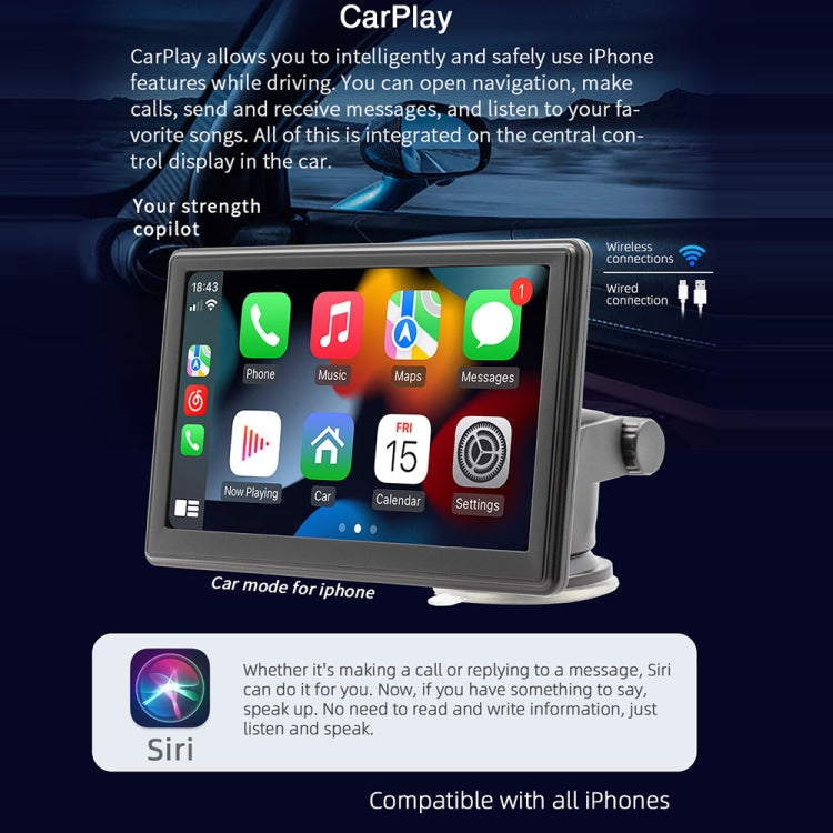 7 inch Wireless CarPlay Radio Multimedia Player 1080P IPS Touch Screen MP5 Radios Bluetooth Monitor, B500W