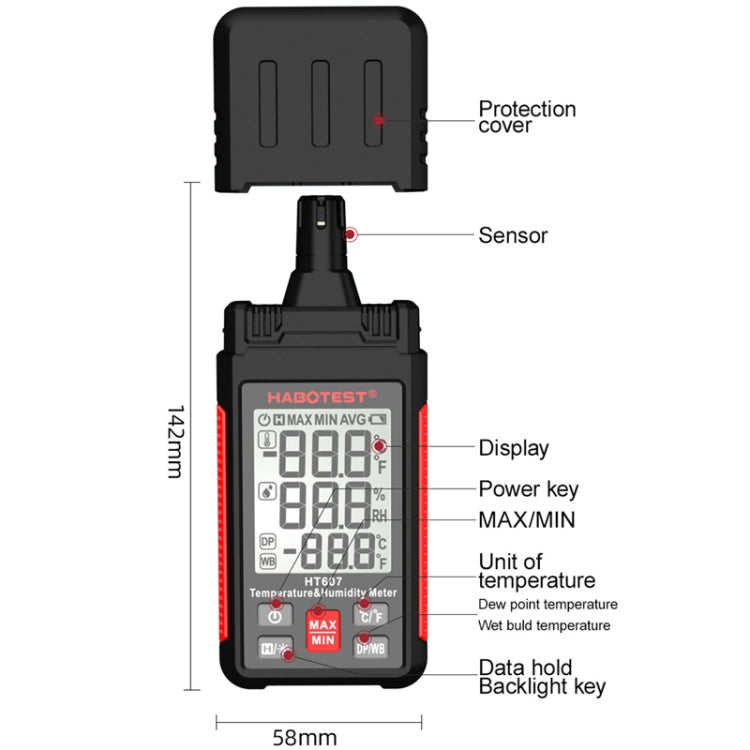 HABOTEST HT607 Portable Handheld Temperature Humidity Tester, HT607