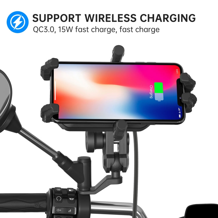 WUPP CS-1848B1 15W Motorcycle Wireless Fast Charging Phone Navigation Holder, Rearview Mirror Type