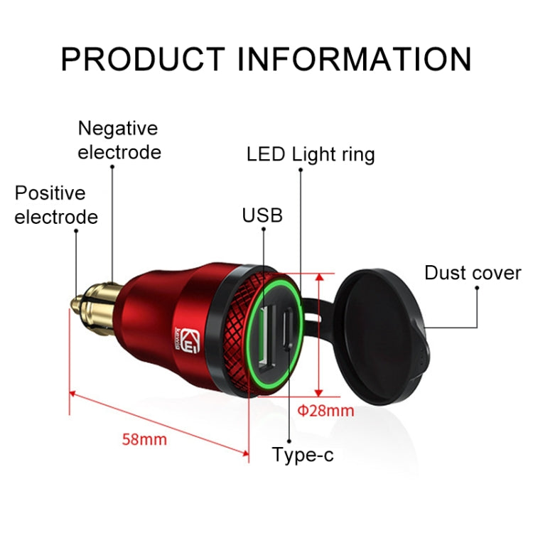 Motorcycle European-style Small-caliber Aluminum Alloy QC 3.0 + PD Fast Charge USB Charger, Red