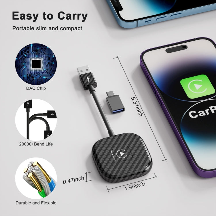 USB + USB-C / Type-C Wired to Wireless Carplay Adapter for iPhone, Black Square