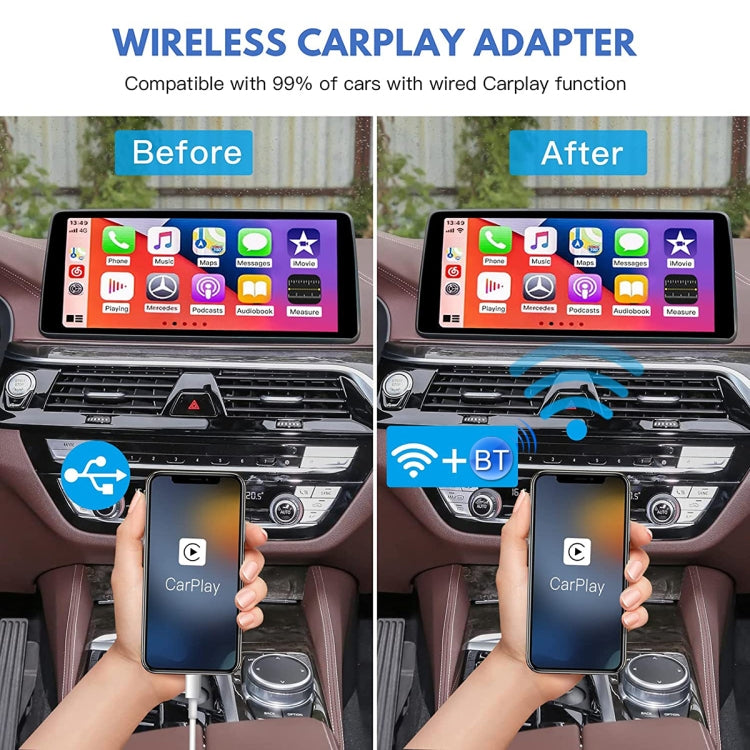 USB + USB-C / Type-C Wired to Wireless Carplay Adapter, Black Box