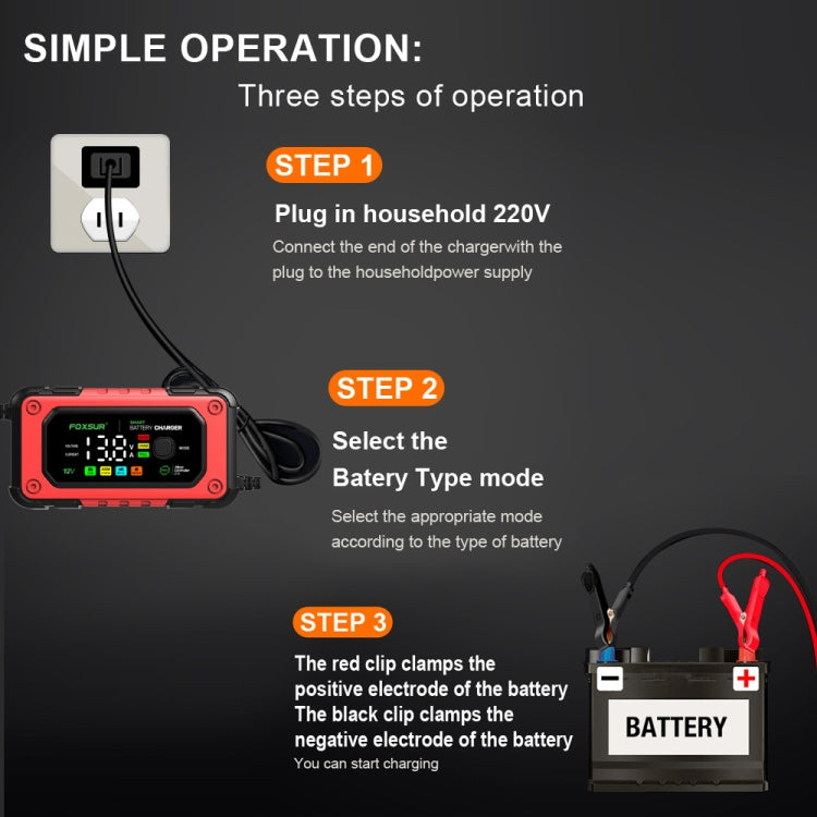 FOXSUR 7A 12V Car / Motorcycle Smart Battery Charger, EU Plug, US Plug, UK Plug