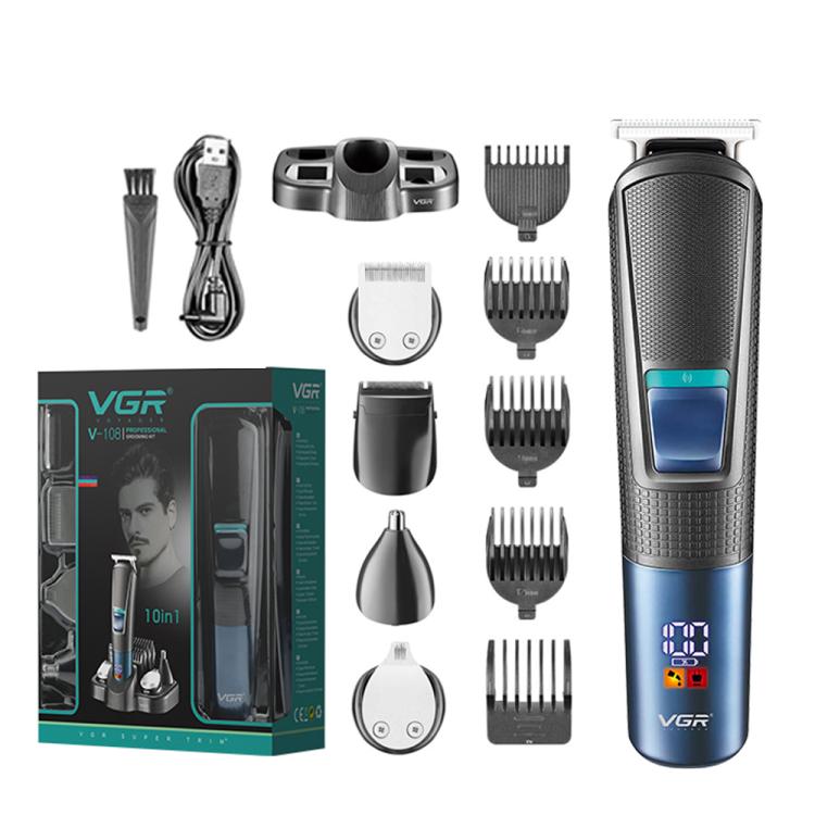 VGR V-108 10-in-1 Digital Display Electric Hair Clipper Men Care Kit, V-108