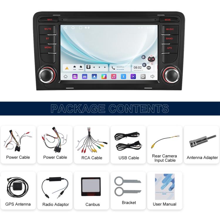 For Audi A3 8P 2003-2012 Android 15 7 inch Smart Central Control Car GPS Navigator Car MP5 Player, Standard+AHD+Microphone, Standard