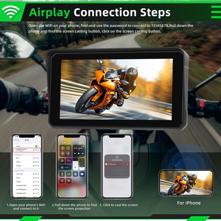 6 inch Motorcycle Wireless CarPlay and Android Auto Display Screen Navigator, A4126
