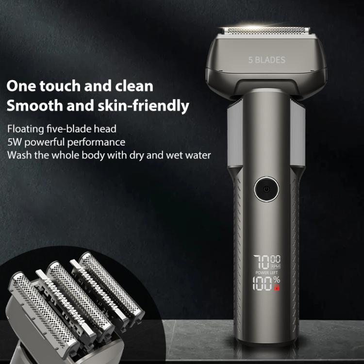 Five-blade Full Body Washable LED Digital Display Reciprocating Electric Shaver, Grey