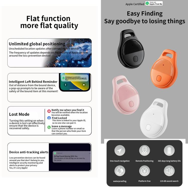 JHX05 iOS Mini GPS Global Smart Location Tracker Anti-lost Device, iOS (Black), iOS (White), iOS (Pink), iOS (Orange)
